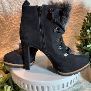 Gianni Bini Black Heeled Boots with Fur Trim